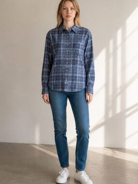 Ralph Lauren 100% Linen Blue Plaid Button Front Shirt Sz 10